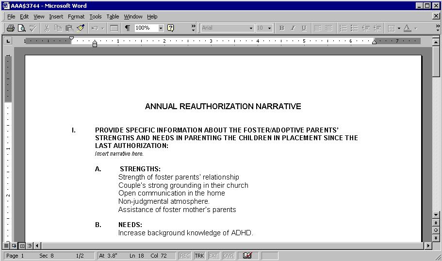 The Retrieve/Edit Narrative button opens the selected Reauthorization narrative in a separate Word document.