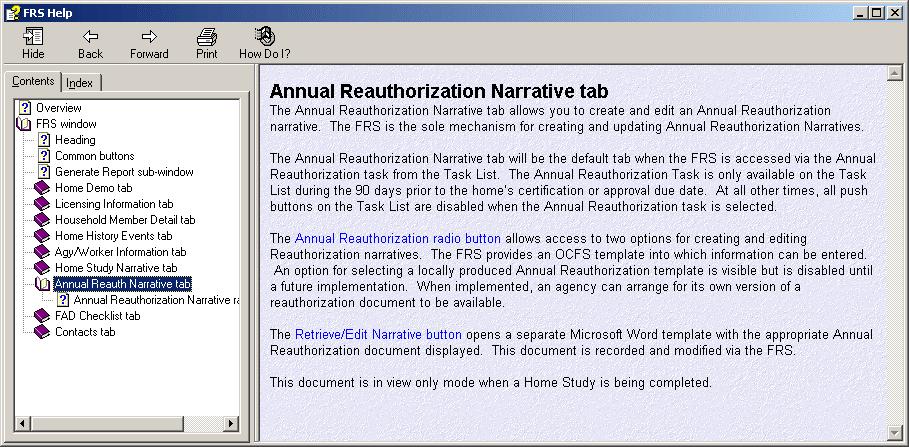 When you click the Help on Narratives button while the Annual Reauthorization Narrative tab is open, you will access Help information on using the Annual Reauthorization Narrative.