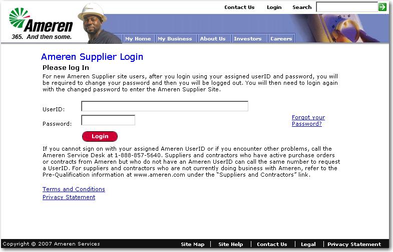 Basics and Navigation 15 Lesson 2-2: Log on to Ameren s isupplier Portal Figure 2-5 In order to view or enter data in CCTM, you must first log onto Ameren s isupplier portal. 1. To access the Ameren Supplier Login page, go to https://ebusiness.