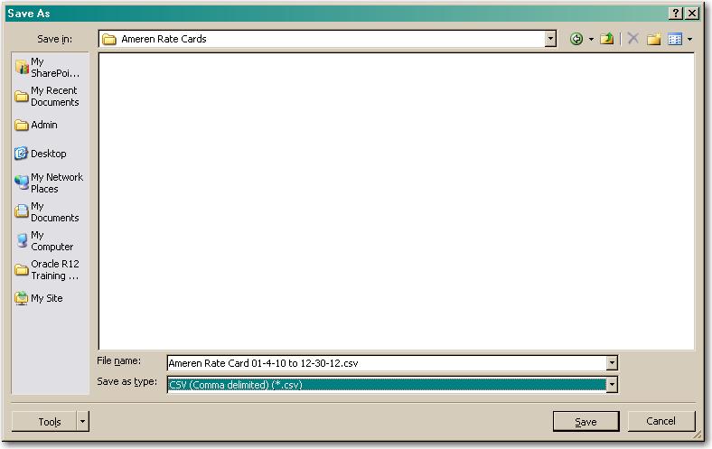 40 CCTM Supplier Training 8. When you have finished entering all rates, click File Save As. The Save As dialog box appears as shown below. 1 Save the file in csv format 2 3 4 9.