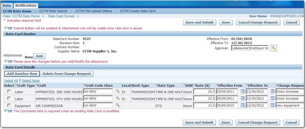 Modifying Approved Rate Cards 63 5 Icons mark the rates which have been changed. Figure 4-10 22. Click Review Craft Changes as shown in 5 above. All requested changes are summarized as shown below.