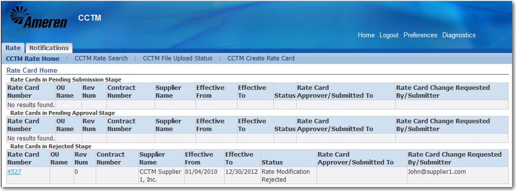 Modifying Approved Rate Cards 65 Lesson 4-4: Correct Rejected Rate Card Modifications 1 Figure 4-12 If an Ameren approver rejects a rate card modification, you will receive a notification about the
