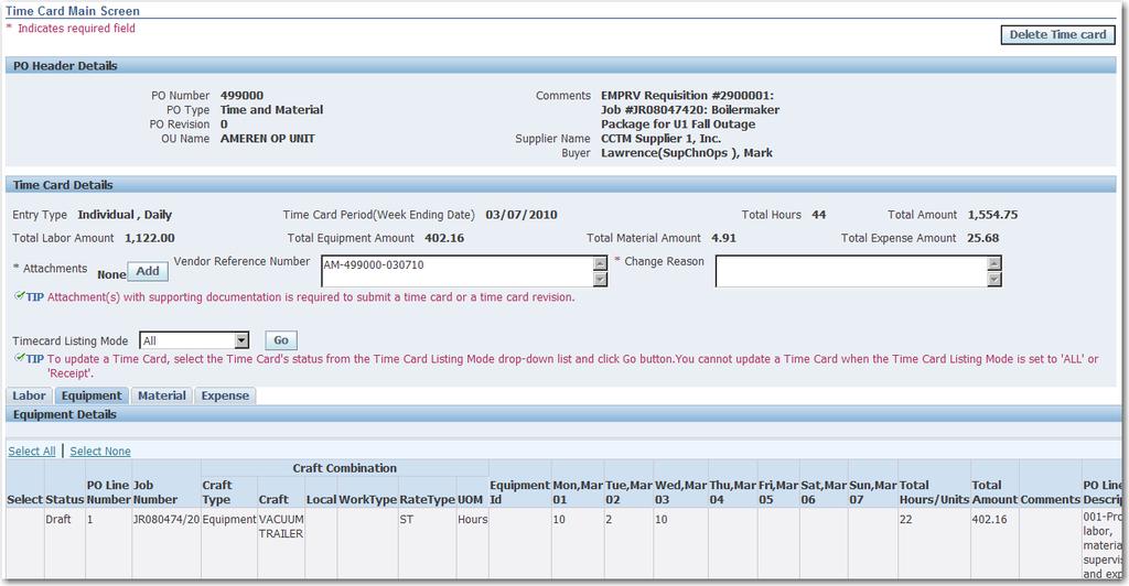 Entering Time Cards 73 2 Figure 5-6 6. Review the information on the Equipment tab. Daily entries have been made for equipment costs. 7. Click the Material tab as shown in 2 above to switch to the Material tab.