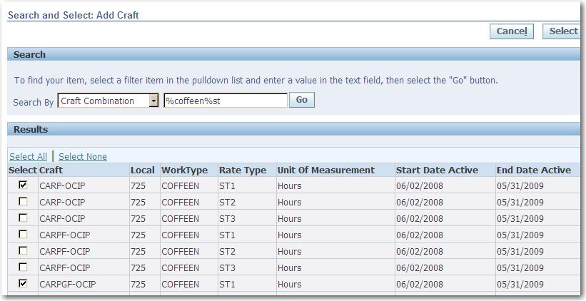 98 CCTM Supplier Training 2 1 3 Figure 5-30 6. Select a search by criterion from the drop-down list. You can search by Craft, Local, Work Type, Rate Type, Unit of Measurement, or Craft Combination. 7.