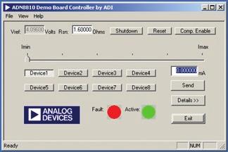 Output Current Selection The Slider and Edit box components in this section of the main interface window provide two ways to modify the output current level of an ADN8810 device.