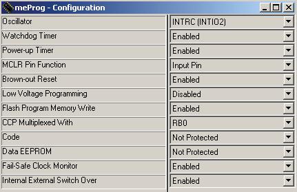 Typical choices (e.g., for the PIC16F88) are shown below. With many PICs, some pins offer multiple functions, and you indicate the desired function with the configuration setting.