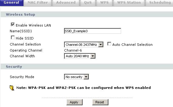 Chapter 7 Wireless LAN Table 31 Network > Wireless LAN > General LABEL Security Mode DESCRIPTION Select WPA-PSK or WPA2-PSK to add security on this wireless network.