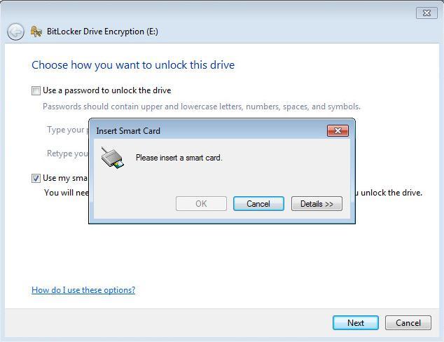 4 On the BitLocker Drive Encryption window, select Use my smart card to unlock the drive, and then
