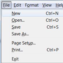 File Menu Options Here s the File menu from Notepad. Notice the keyboard shortcuts are listed next to the most common actions. The items with the ellipsis ( ) will open another window of options.