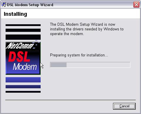 6. The Installing screen will show that the DSL Modem Setup Wizard is preparing your system for installation.