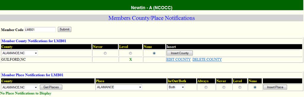 Member County/Place No fica on To begin selec ng place names, you first have to select the County that you wish to add places to by clicking the down arrow in the County box under the cap on Member
