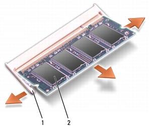 Use your fingertips to carefully spread apart the securing clips on each end of the memory module connector until the module pops up. b. Remove the module from the connector.