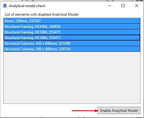 - Select one, more elements (with Ctrl button), or all elements (Ctrl + A) and press Enable Analytical Model in order to enable the analytical model in the