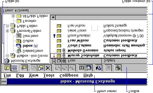 Menu names The menus contain all the Microsoft Exchange Client commands. Choose a menu name to display its commands. Toolbar The toolbar provides buttons to perform common tasks.