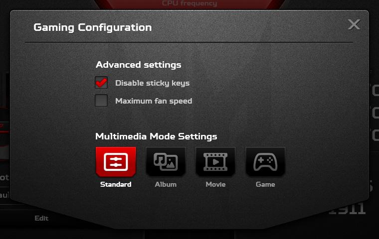 PredatorSense - 41 PredatorSense settings Click the Settings icon to change settings for your Predator system. You can set the fan to maximum speed or disable sticky keys.