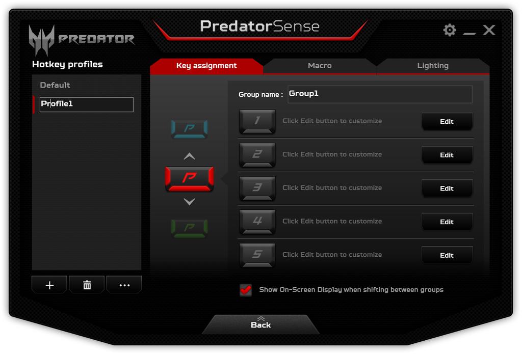 PredatorSense - 43 Double-click the name to enter a new name for the profile. Click the arrows above or below the P icon to adjust each group of functions for the hotkeys.