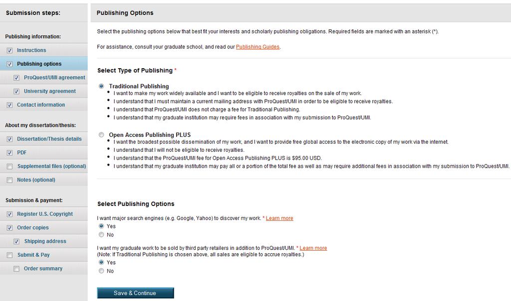 PUBLISHING OPTIONS Select the desired type of publishing and a