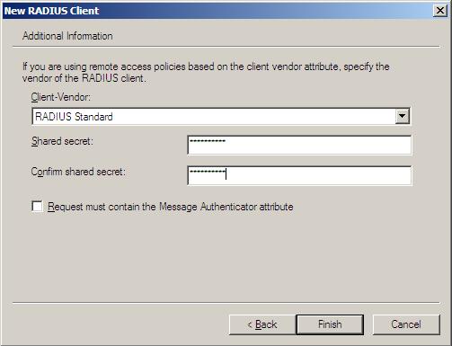 7. Select Client-Vendor of RADIUS Standard 8. Enter Shared secret. This must match the shared secret on the client/device 9.