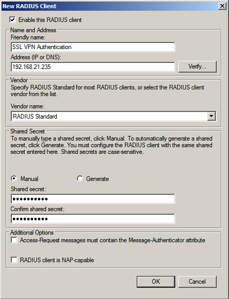 Right click client and select New RADIUS Client 4. Ensure that the textbox for Enable this RADIUS Client is selected 5. Enter Friendly name of your remote client (i.e. SSL VPN Authentication) 6.