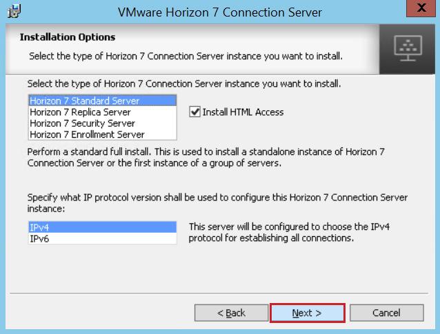 5. On the Installation Options page, select the Horizon 7 Standard Server install option, accept the Install HTML Access