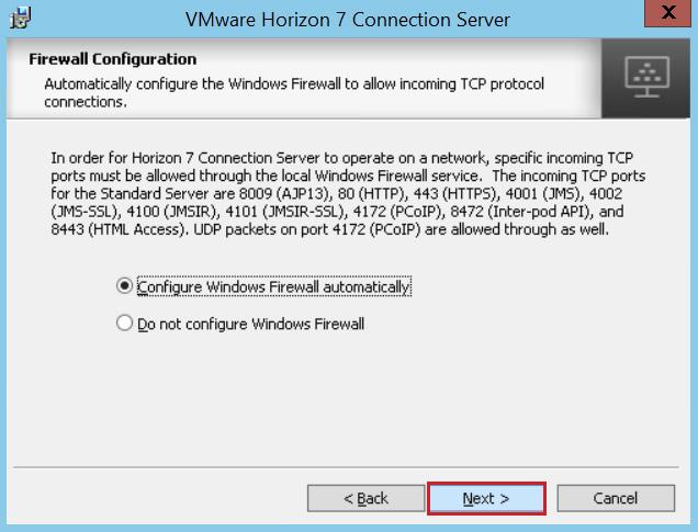 7. On the Firewall Configuration page, accept the default to configure the firewall automatically,