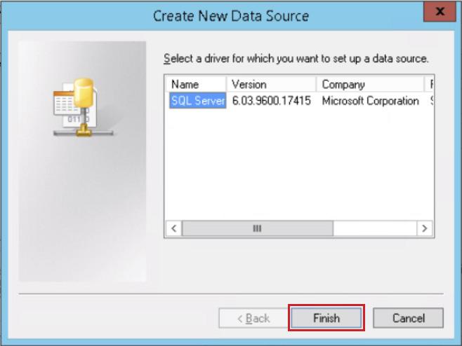 7. On the Create New Data Source page, select the driver for the Microsoft SQL Server database provided with vcenter