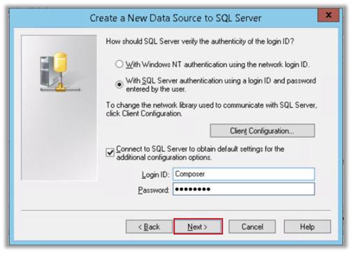 9. On the Create a New Data Source to SQL Server page, select With SQL Server authentication using a login ID and password