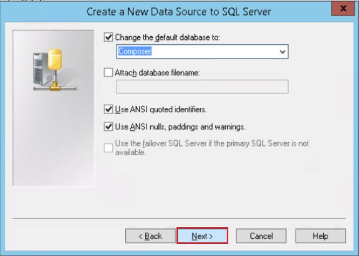 On the Create a New Data Source to SQL Server page, select the Change the default database to check box, and from the drop-down