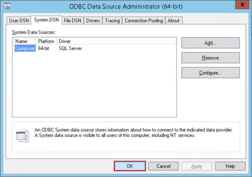 15. On the ODBC Data Source Administrator page, in the System DNS tab, select the new database, and
