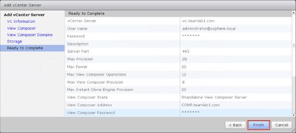 Under Ready to Complete, review the vcenter Server information, and click Finish.