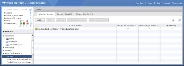 On the vcenter Servers tab, verify the vcenter Server that you just connected to your View