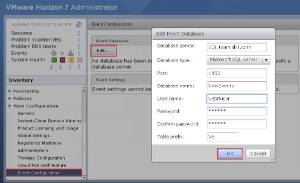 4. In Horizon Administrator under View Configuration, select Event Configuration, click Edit, and in the Edit Event Database page, enter the following information, and click OK.