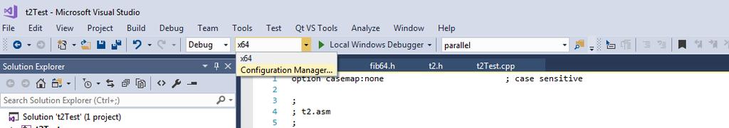 Using Visual Studio fib64.h, fib64.asm and t2test.