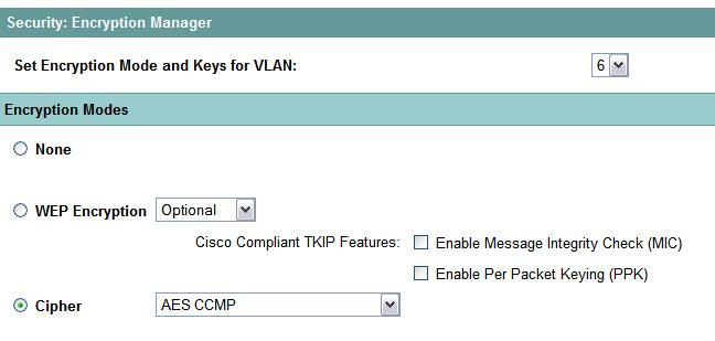 AES-CCMP 1. Navigate to Security Encryption Manager. 2. Select the Ascom voice VLAN. 3. Select Cipher and select AES CCMP (see figure 18). Figure 18 4. Navigate to Security SSID Manager. 5.