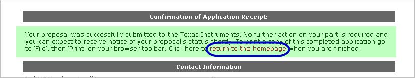 Clicking the OK button submits your application. The CANCEL button takes you back to the review screen without submitting the application to Texas Instruments.
