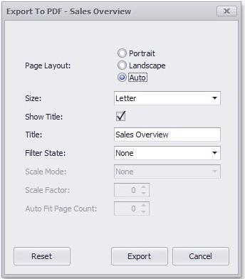 110 Export to PDF Export to Image The following options are available. Page Layout - Specifies the page orientation used to export a dashboard. Size - Specifies the standard paper size.