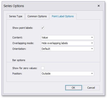 118 Series Point Labels The Point Label Options tab of the Series Options dialog allows you to enable series point labels and manage their settings.