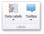 To do this, use the Data Labels and Tooltips buttons in the Labels group of the Design Ribbon tab (or the and buttons