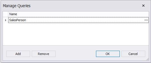 In this dialog, you can perform the following actions. To add a new query, click the Add button. To modify the existing query, click the ellipsis button next to the query.