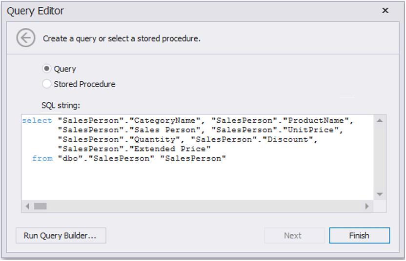 Adding a new query or modifying the existing query invokes the Query Editor dialog that allows you to create/edit the SQL query and add Query Parameters if necessary.