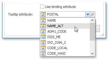 219 You can choose whether to use a binding attribute to display as the title of shape tooltips (the Use binding attribute checkbox) or specify a custom attribute using the Tooltip attribute option.