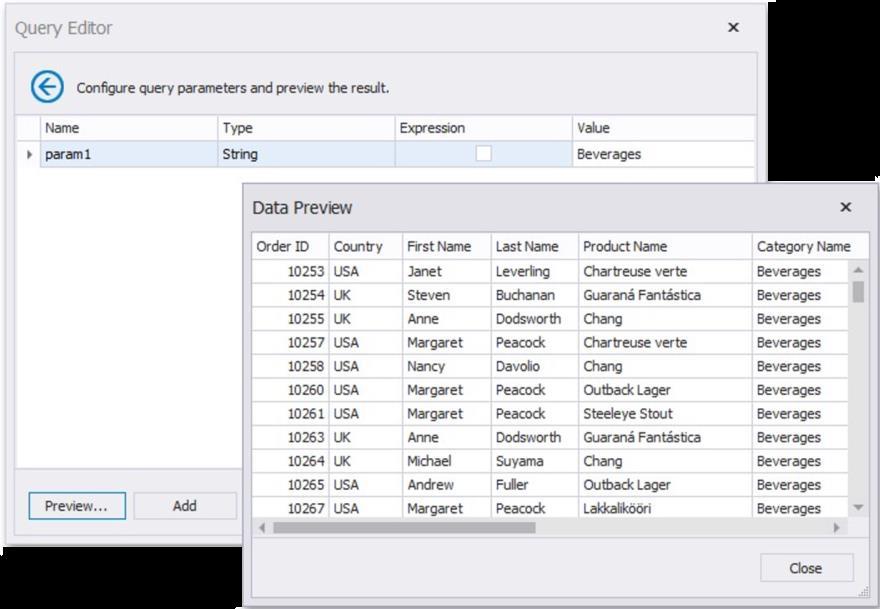24 Preview Data Dashboard > Dashboard Designer > Preview Data The Query Editor allows you to preview data for custom SQL queries or stored procedures. To do this, click the button.