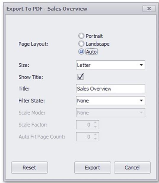 263 Export to PDF Export to Image The following options are available. Page Layout - Specifies the page orientation used to export a dashboard. Size - Specifies the standard paper size.