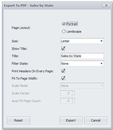 278 Export to PDF Page Layout - Specifies the page orientation used to export a dashboard item. Size - Specifies the standard paper size.