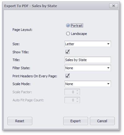 298 Export to PDF Page Layout - Specifies the page orientation used to export a dashboard item. Size - Specifies the standard paper size.