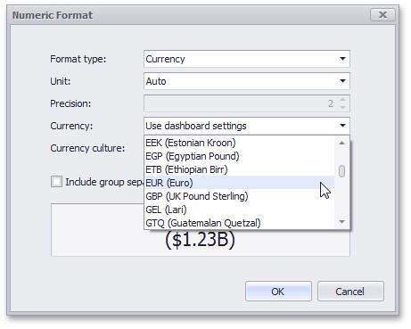 63 Currency Formatting Specifics The Dashboard allows you to specify a currency format at two levels: for the entire dashboard and for individual data items. 1.