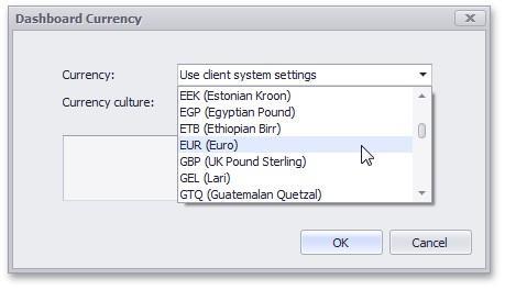 In this window, select the required currency using the Currency combo box. Note This option only affects the way values are displayed.