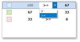 To change the comparison logic for the required range, click the comparison sign and select the required The greater or equal sign includes the smallest value