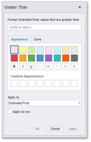 The Apply to row check box allows you to specify whether to apply the formatting to the entire grid row.