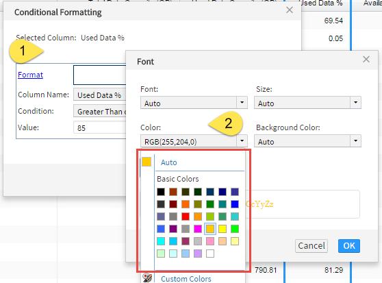 8) Add a color to the conditional value (that is, any volume with a used data percentage greater than or equal to 85%).